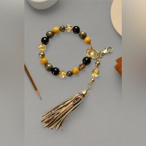 Yellow Green Gold Beaded Key Ring Bracelet Wristlet w/ Animal Print Tassel